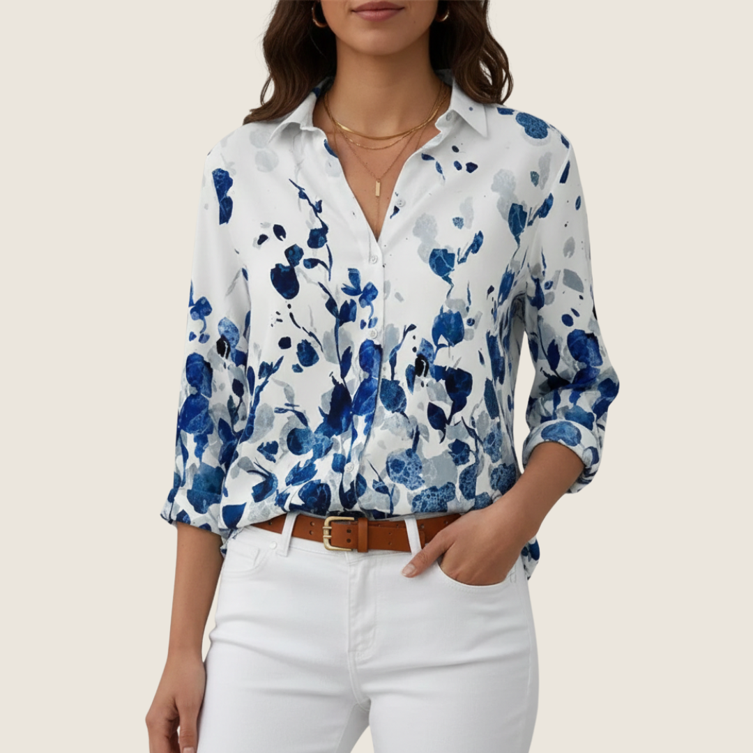 Women's Summer White Floral Blouse | Long-Sleeve