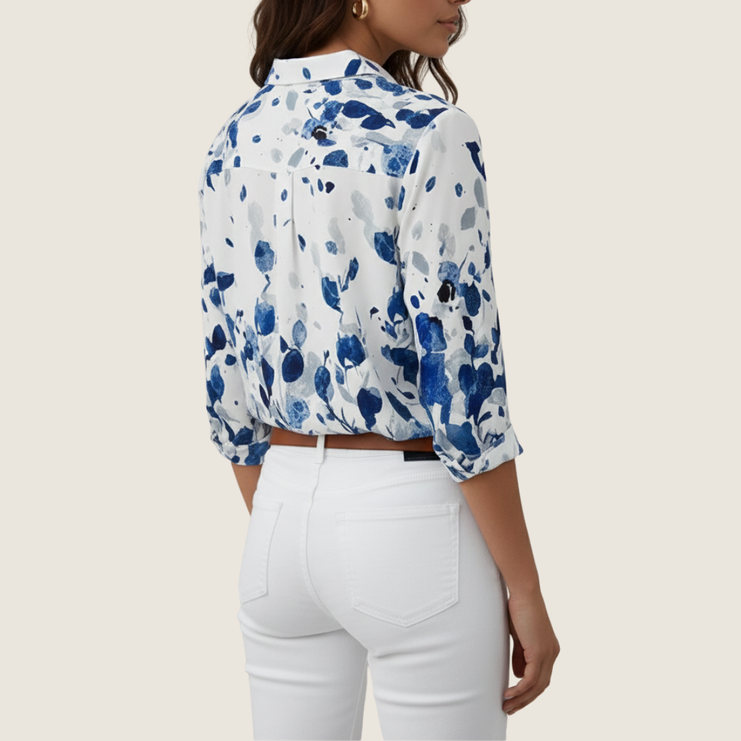 Women's Summer White Floral Blouse | Long-Sleeve